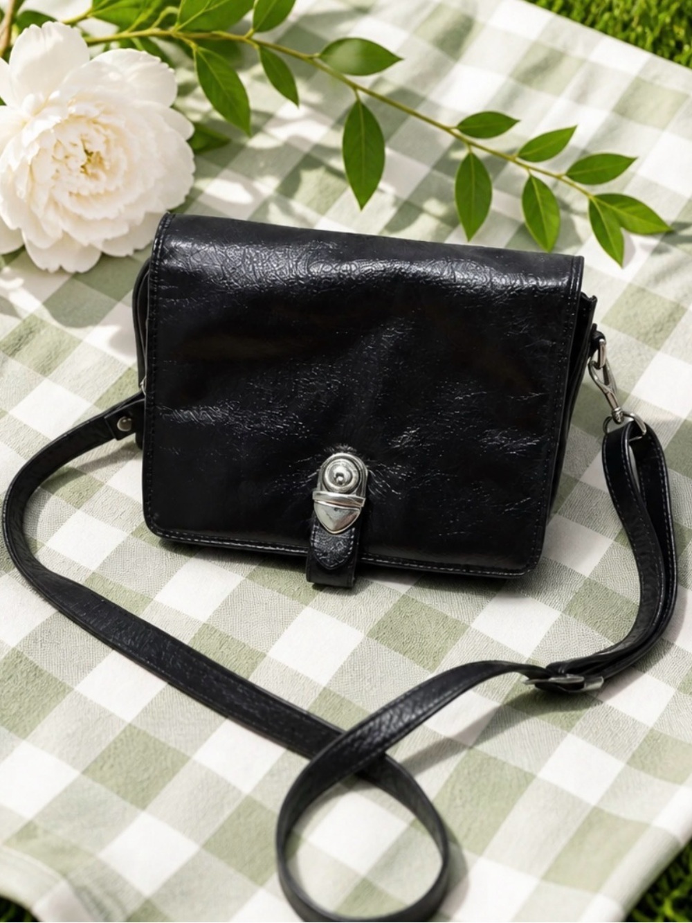 Black Leatherette Crossbody Bag with Silver-Tone Clasp